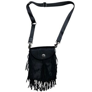 Scully Black Leather Cowhide Fringe INDIA Crossbody Shoulder Bag Boho Western